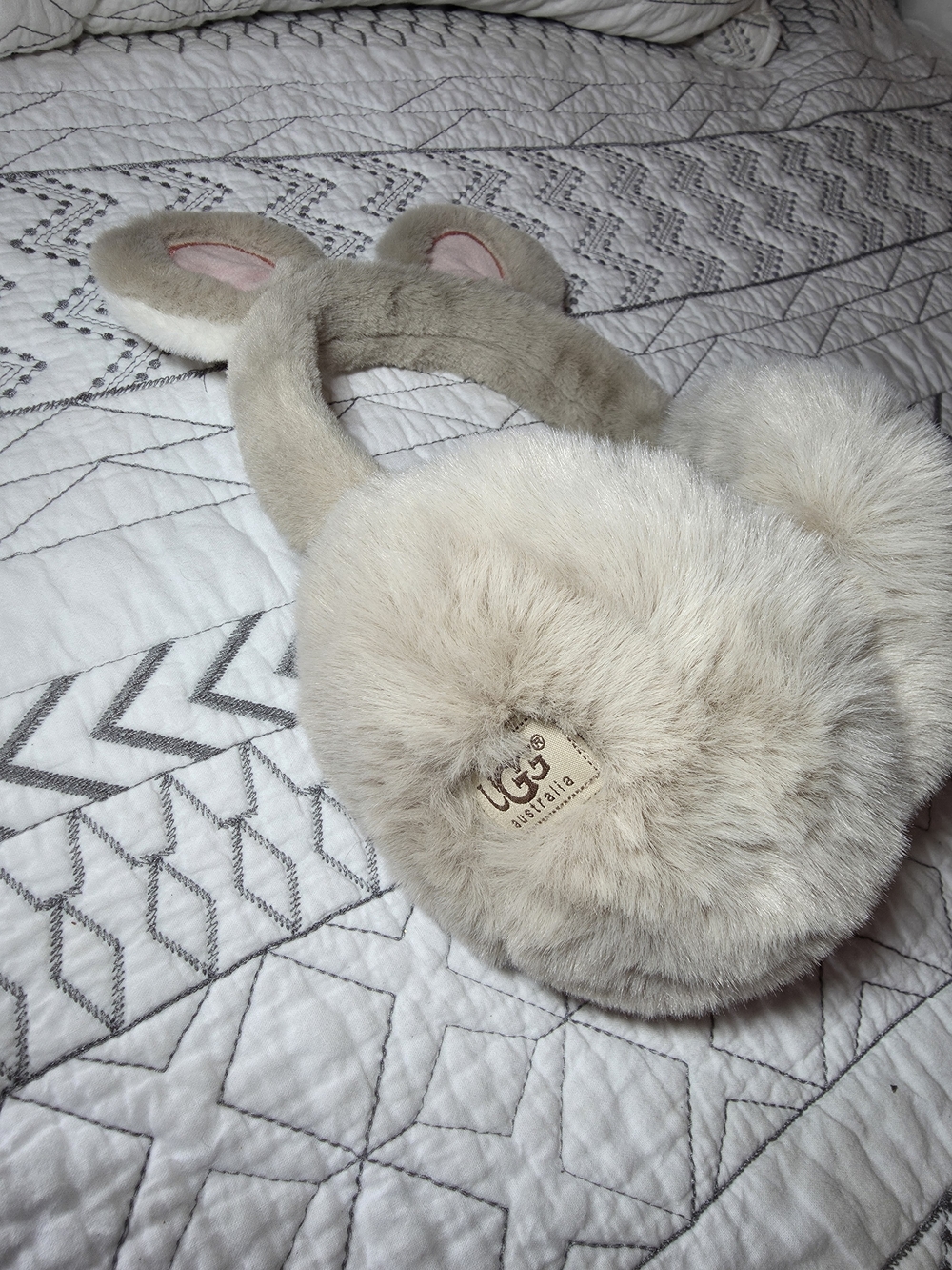 UGG Plush Bunny Ear Muffs in Light Beige with Pink Inner Ears